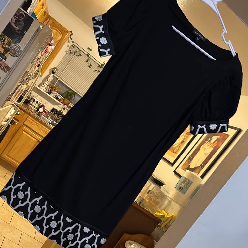 BEBE Black Dress with White Patterned Trim